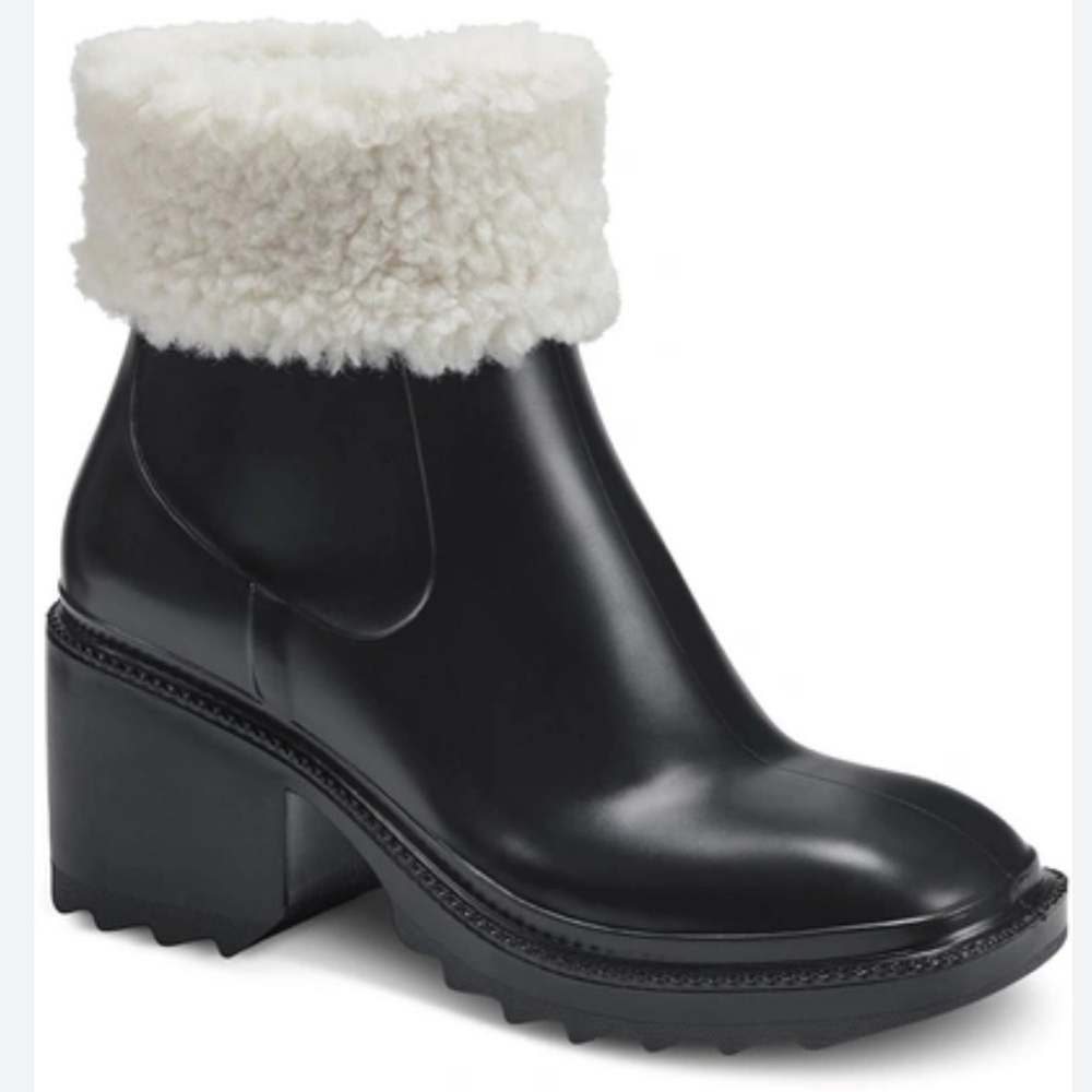 INC Eadin Rain Boots Faux Fur Trim Black Ankle Booties Lug Sole Sz 7 NWT